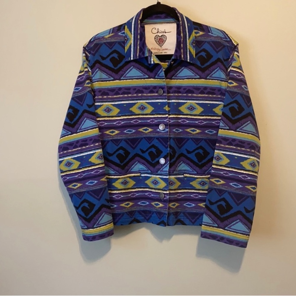 Chico’s anniversary collection Aztec denim jacket. Chico’s size 0, (S)